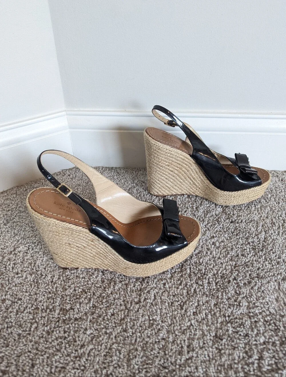 Kate Spade Lexie Black Leather Patent Leather Bow Espadrille Wedge sz 10
